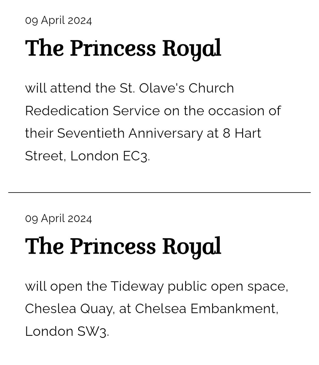 #PrincessAnne 
#ThePrincessRoyal 
#RoyalFamily 
‼️ Princess Anne 👸🏻 today's engagement.

👉 Attend the St. Olave's Church Rededication Service
👉 Open the Tideway public open space