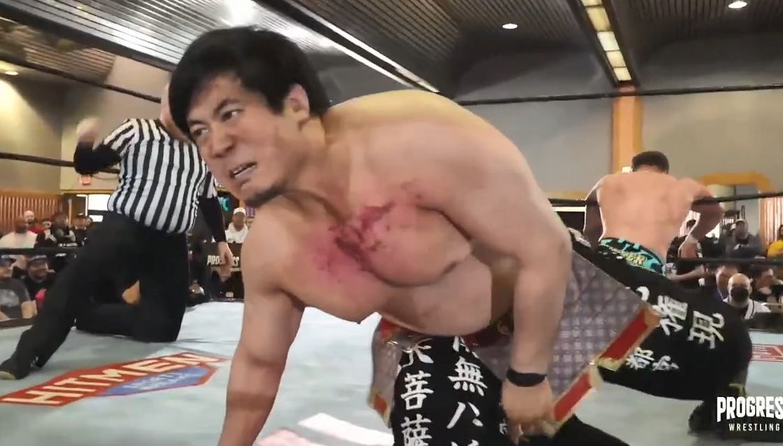 metal0515's tweet photo. That's a hell of a chop battle between Ricky Knight Jr. and YOICHI. Even the referee is in pain #ProgressUSA https://t.co/9185mdpsnv