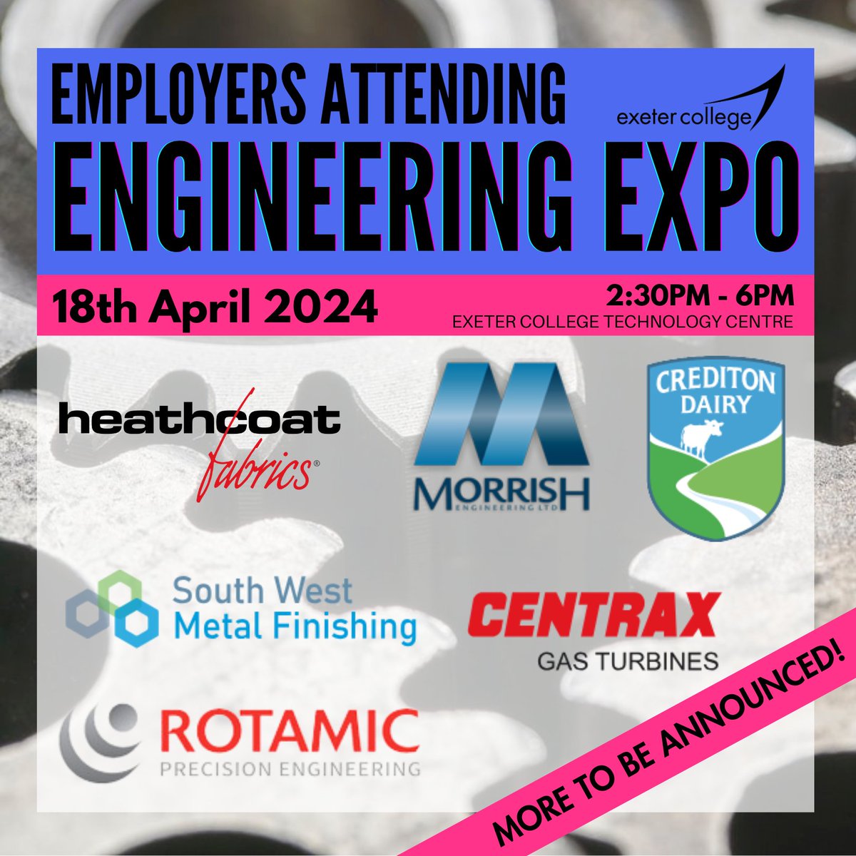 Our Engineering Expo is gearing up with an incredible lineup of #employers! Get ready to meet Heathcoat Fabrics, @MorrishEngineer, Crediton Dairy, @swmf, Centrax Gas Turbines & Rotamic. They'll be showcasing #vacancies and offering insights into the realm of #engineering. 🛠️