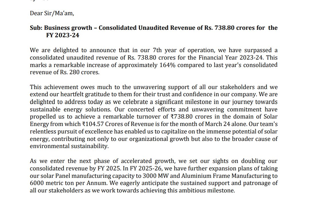 Insolation energy confirms that FY23-24 revenue was 739 cr and March 24 revenue exceeded 100 cr at 104 cr.
With this, co confirmed doubling of revenue for FY24-25 at 1500 cr. Great achievement. 
#insolationenergy, #inasolar, #waaree, #kpigreen #solexenergy #alpexsolar