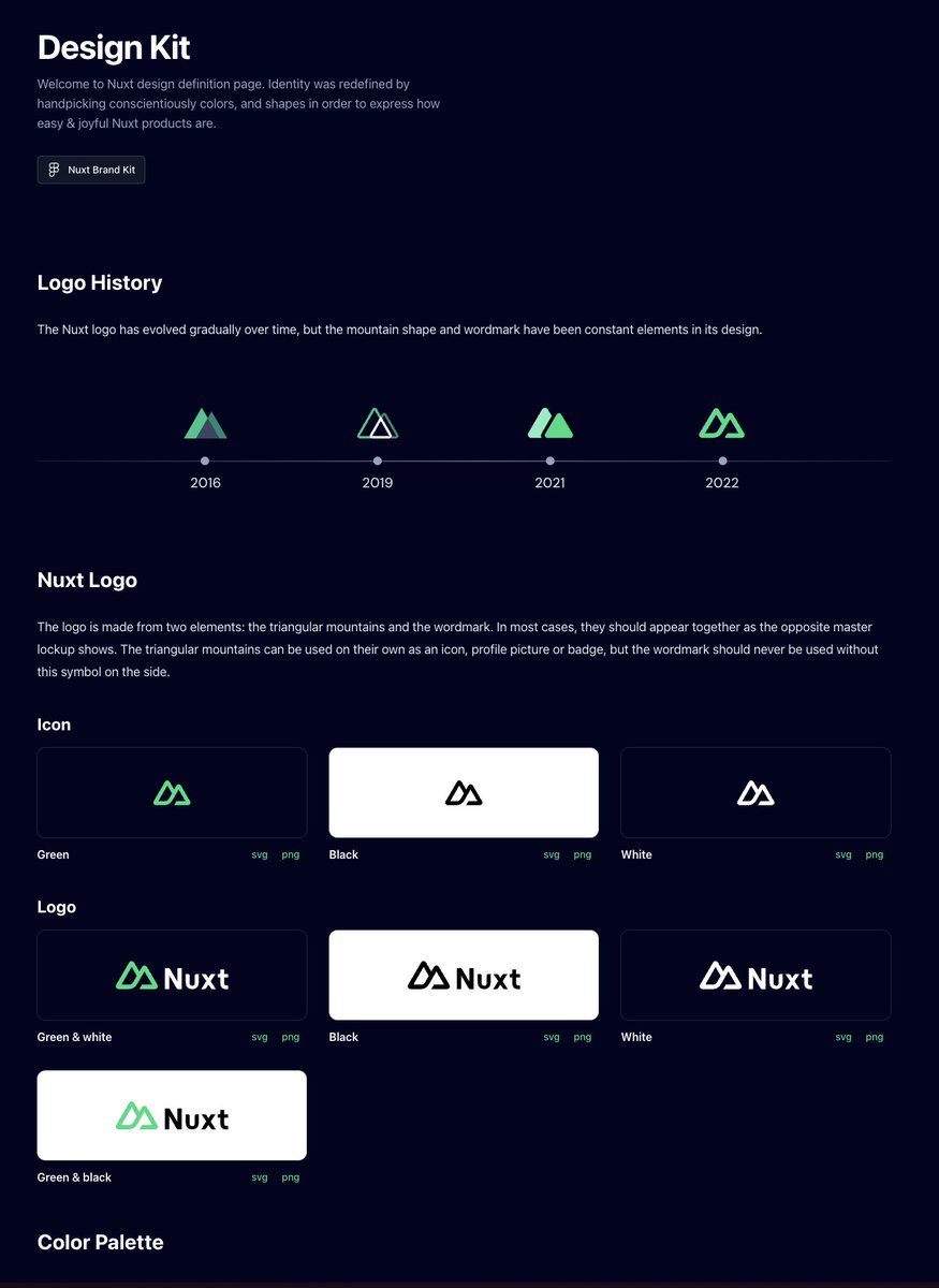 @t3dotgg I love what @nuxt_js is doing. Easily searchable by 'nuxt logo' and there is everything you need here. Different variations of logos in svg/png, color palette and design kit.