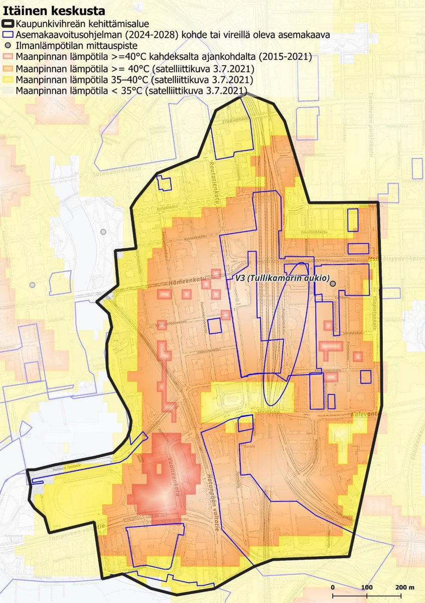 Sisko tahtoisin jäädä, mutta keskusta on kuuma...🥵

Vakavasti puhuen: kovien asfalttipintojen kiihdyttämä lämpösaarekeilmiö voi tehdä ilmaston tukalaksi tiiviillä kaupunkialueilla.

Ilmiöstä kärsii helteiden yleistyessä myös Tampereen "käyntikortti", eli Itäinen keskusta.🏙️

1/3