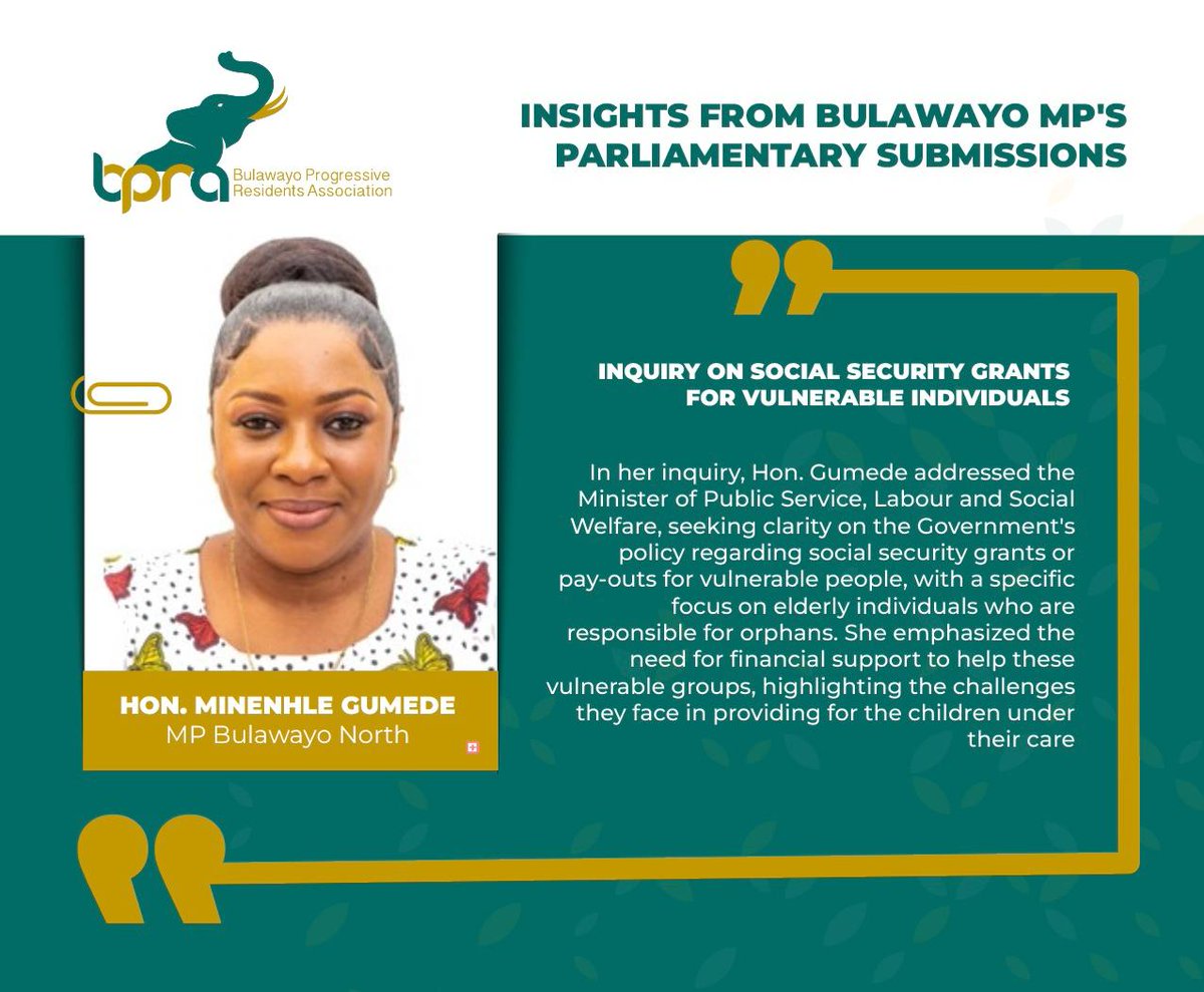 In today's Insights from Bulawayo MPs Parliamentary Submissions: Hon. Minenhle Gumede delves into the crucial topic of social security grants for vulnerable groups. #Bulawayo #SocialSecurity #Empowerment 🌍💬 @euinzim @USAID @hivosrosa @awdf01 @Perngoma @claudephuti @abbysibz