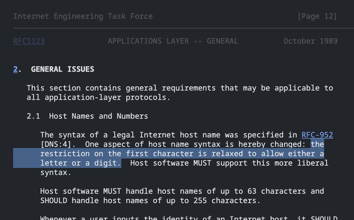 2018년에 언더스코어(_) 가 포함된 도메인의 인증서 발급을 금지하는 투표가 통과되었었구나
cabforum.org/2018/11/12/bal…

RFC 2181 스펙상 DNS 레이블에는 길이 외에 제약이 없어야한다
datatracker.ietf.org/doc/html/rfc21…

그러나 RFC 952, RFC 1123 스펙상 호스트네임은 letters-digits-hyphen 여야하는데

cont.