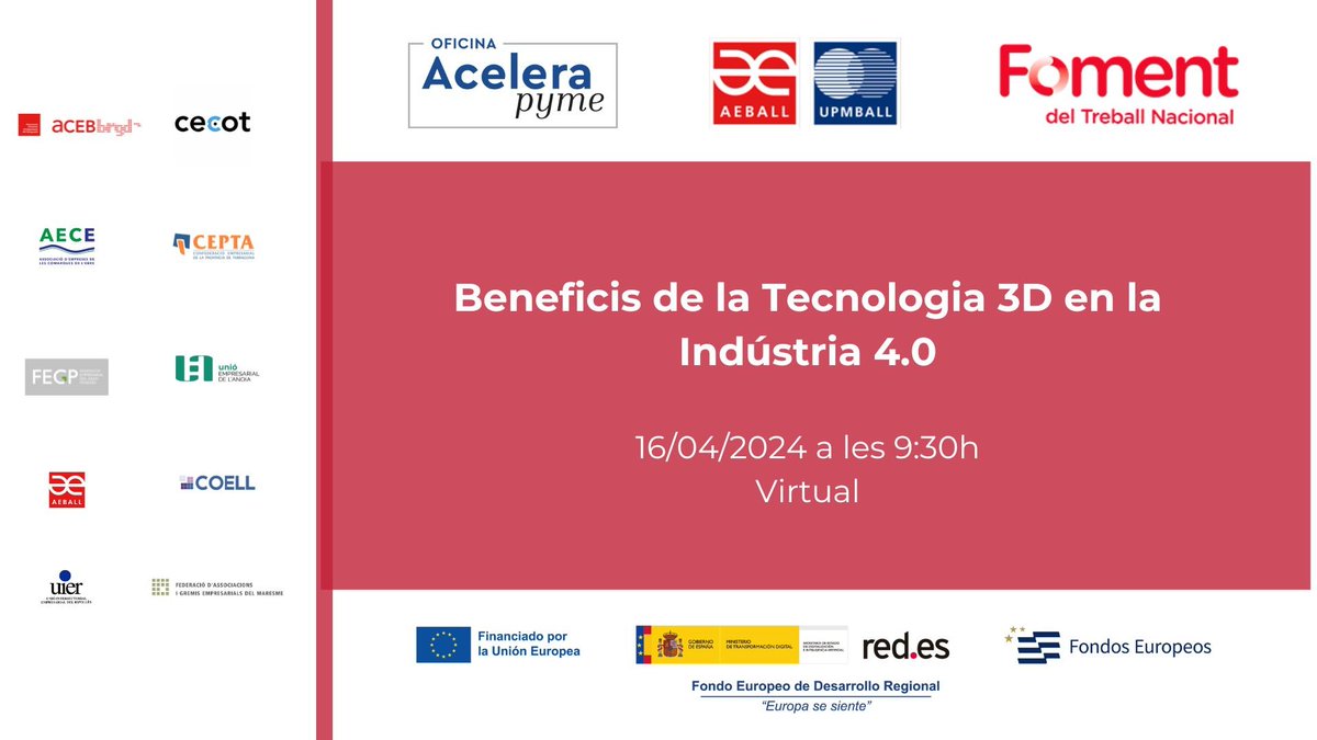 Jornada #OficinaAceleraPyme #FomentAP

💡 Descobreix com la #tecnologia 3D pot beneficiar el teu negoci amb el Workshop Indústria 4.0 <a href="/AEBALL_UPMBALL/">AEBALL / UPMBALL</a> @AsorCAD #FomentDelTreball

📆 16 abril de 9:30h a 11:00h
📍 Virtual (Zoom)
inscripcions📲 forms.office.com/Pages/Response…

<a href="/redpuntoes/">Red.es</a>