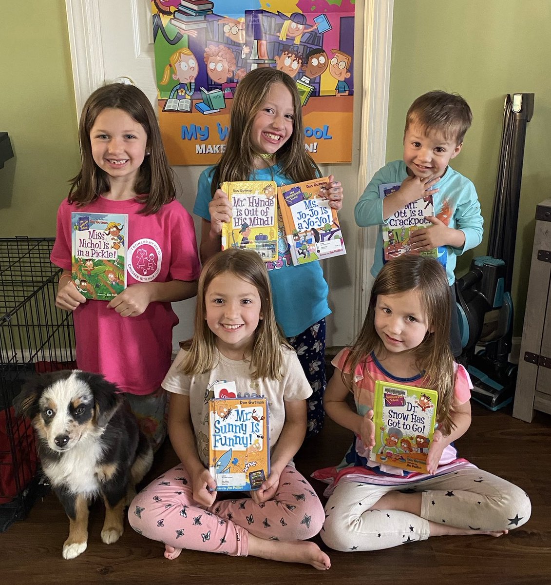SPEEDREADERS OF THE DAY are Keira, Ellie, Harper, Lennon, and Tucker who live in Kentucky and are working their way through all 100 My Weird School books. Oh, and don’t forget their dog Arlo, who they named after the main character in the series.