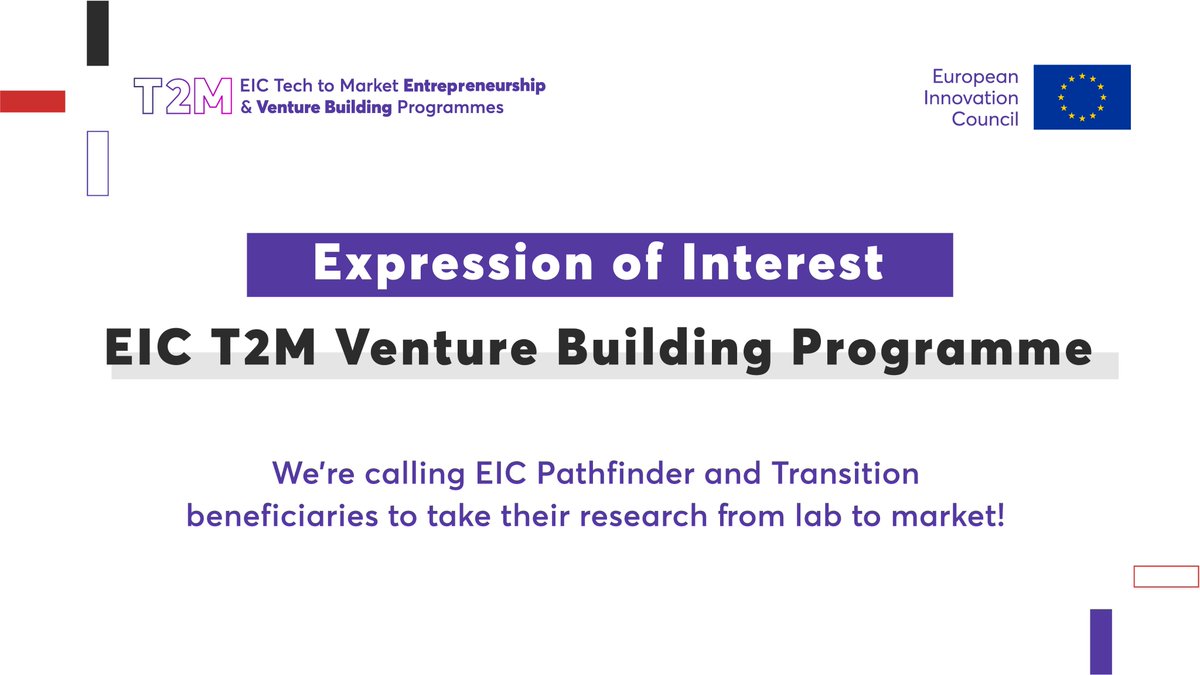 EUeic's tweet image. Are you an #eicTransition or #eicPathfinder in the areas of Climate Tech or Medical technologies who wants to take your #innovation to market?

Then the #EUeic Tech to Market Venture Building programme is for you! 🚀

Check out the next cut-off dates 👉 bit.ly/EICT2MVenture