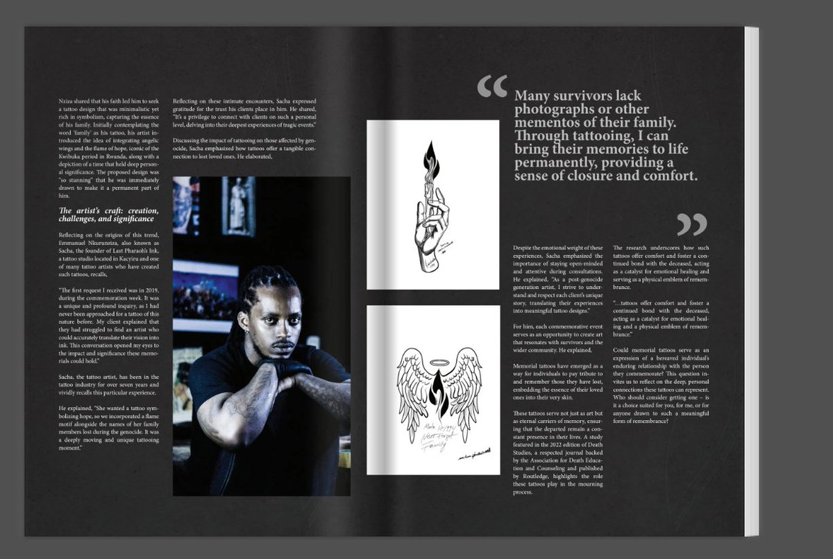 Sachapharaoh's tweet photo. @sensmagrw April issue is out now 

Am glad to see the role the people we share the craft (TATTOO ARTISTRY ) Contribute to the healing of Rwandans and also to the country’s Development and. Artistic renaissance!!

KWIBUKA 30

#remember #unite #renew #kwibuka30 https://t.co/0LDaxRKs1j