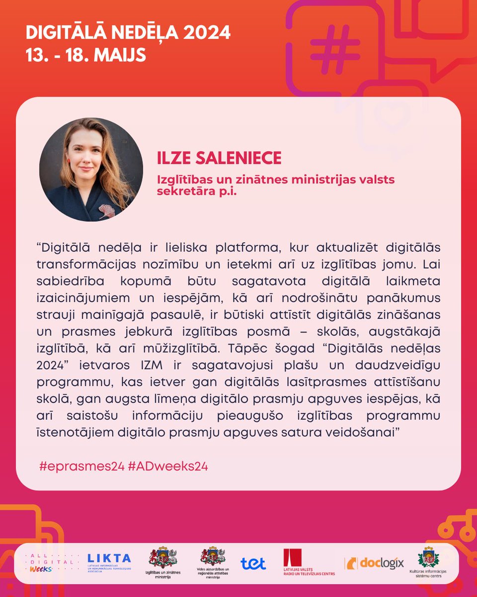 👉"Digitālās nedēļas 2024" ietvaros, 17. maijs būs veltīts tēmai “Digitālās prasmes izglītībā”, kur Izglītības un zinātnes ministrija sadarbībā ar partneriem organizēs dažādus tiešsaistes pasākumus vecākiem, skolēniem un skolotājiem. 👩‍🏫
#eprasmes24 #adweeks24