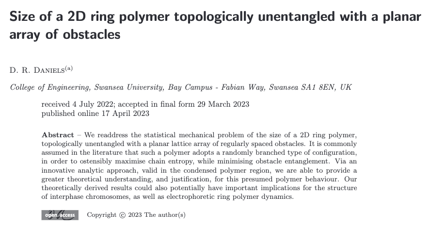 FREE TO READ - OPEN ACCESS: Size of a 2D ring polymer topologically unentangled with a planar array of obstacles by D. R. Daniels - #FreeToRead #OpenAccess @SwanseaUni 👉 vu.fr/eJfSd