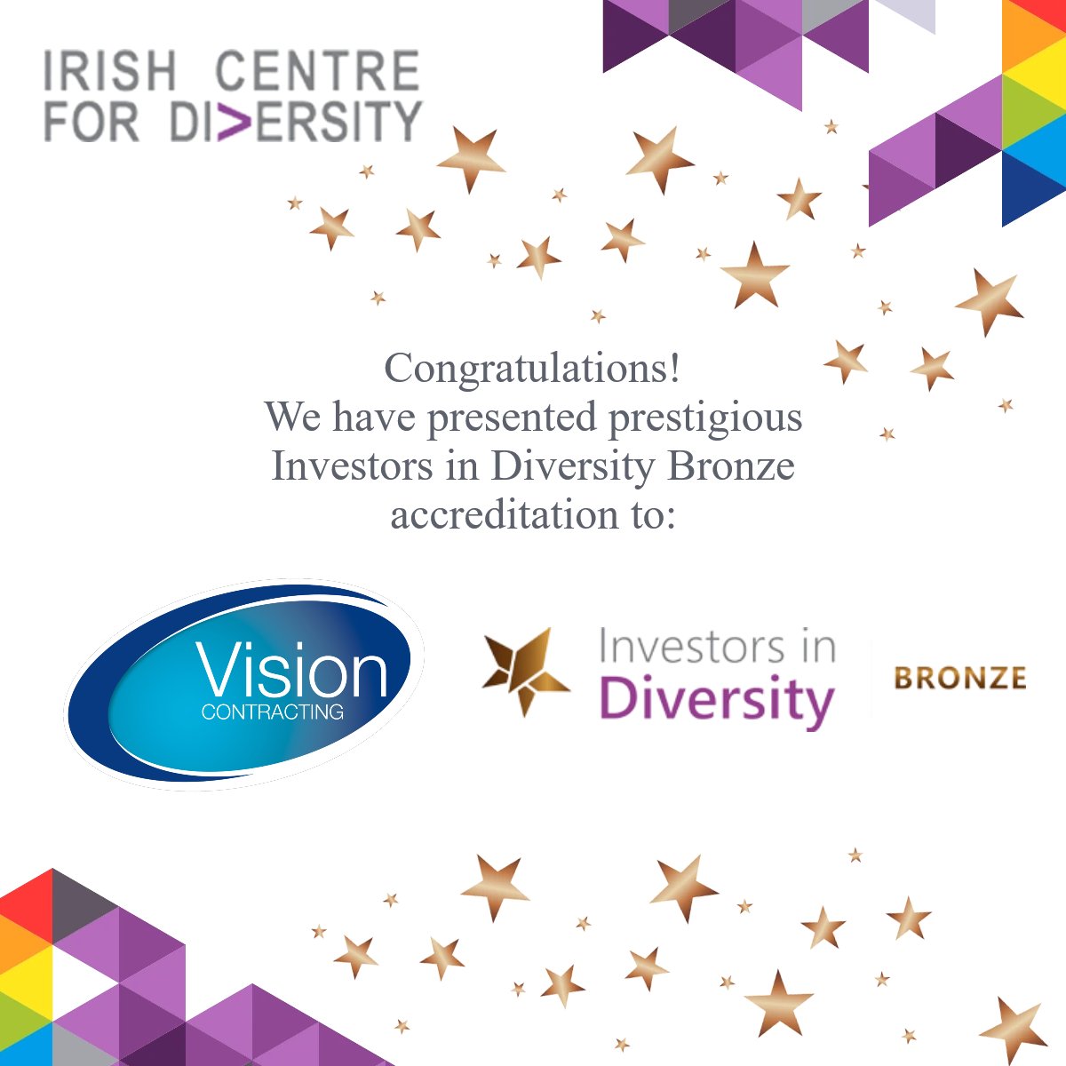 Congrats! @VisionContracts an Irish-based construction services company and leading builder in a number of niche market segments, has attained #InvestorsinDiversityBronze, Ireland’s premier #DiversityandInclusion (D&I) accreditation #CelebrateDiversity #DiversityatWork