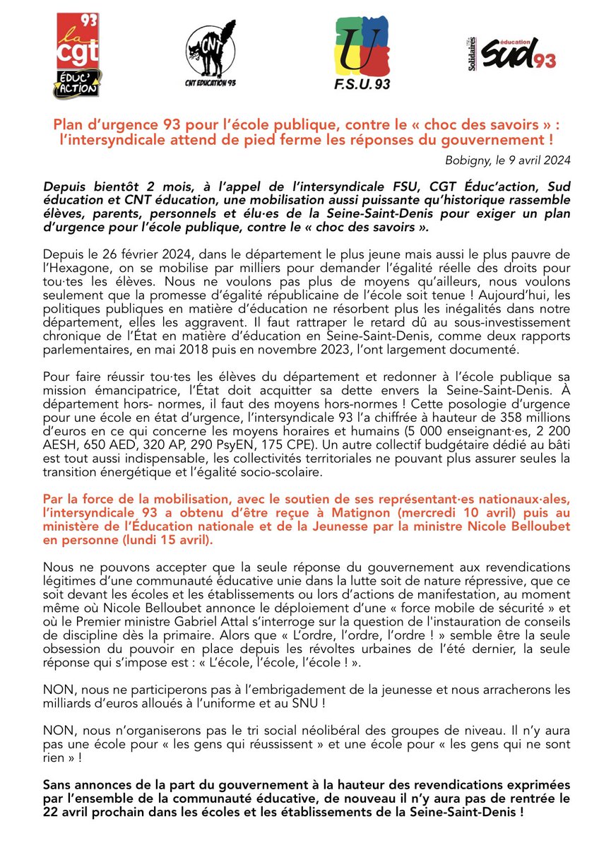 «Depuis bientôt 2 mois, à l’appel de l’intersyndicale FSU,CGT,Sud et CNT, une mobilisation aussi puissante qu’historique rassemble élèves, parents, personnels.Par la force de la mobilisation,l’intersyndicale 93 a obtenu d’être reçue à Matignon puis par @NBelloubet en personne »💥