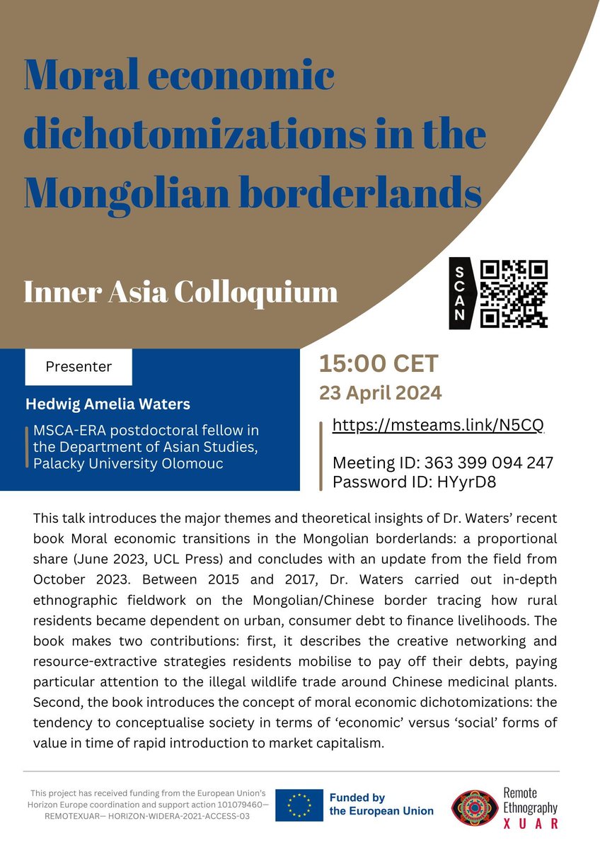 The April edition of the Inner #Asia #Colloquium will focus on key topics from 📖 'Moral Economic Transitions in the #Mongolian Borderlands: A Proportional Share (@UCLpress 2023) by Hedwig A. Waters. See you on 23 April at 15:00 CET at msteams.link/N5CQ (Password: HYyrD8)