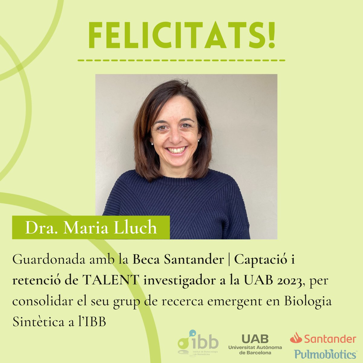 🏆 La Dra. Maria Lluch, ha rebut recentment la Beca Santander | Captació i retenció de TALENT investigador a la UAB 2023, per consolidar el grup de recerca emergent en Biologia Sintètica que lidera a l’IBB.

👏 Enhorabona!

#IBBpremis
