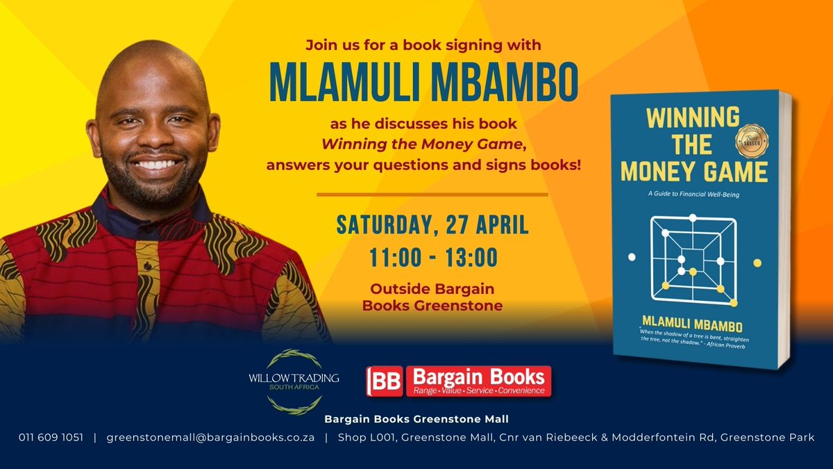 Mlamuli Mbambo Book Signing! Mlamuli will be signing copies of his book Winning the Money Game. Winning the Money Game by Mlamuli Mbambo: R250 Link to Event: fb.me/e/4fP9mMLNN We hope to see you there!