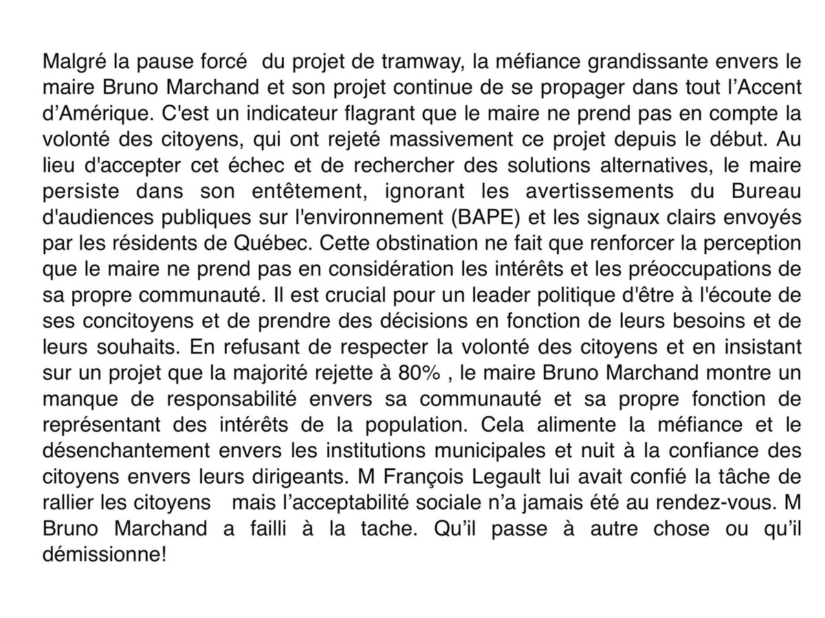 Takebakicitte's tweet photo. @JdeQuebec @tmoallaJDQ Malgré la pause sur le tramway, la méfiance envers le maire  Marchand et son projet de tramway ne fait que croître. Tout l’Accent d’Amérique se sent trahit par l’obstination du maire qui persiste à promouvoir son projet en catimini. @francoislegault @brunomarchand #tramwayquebec https://t.co/4Rnl0vjBE2