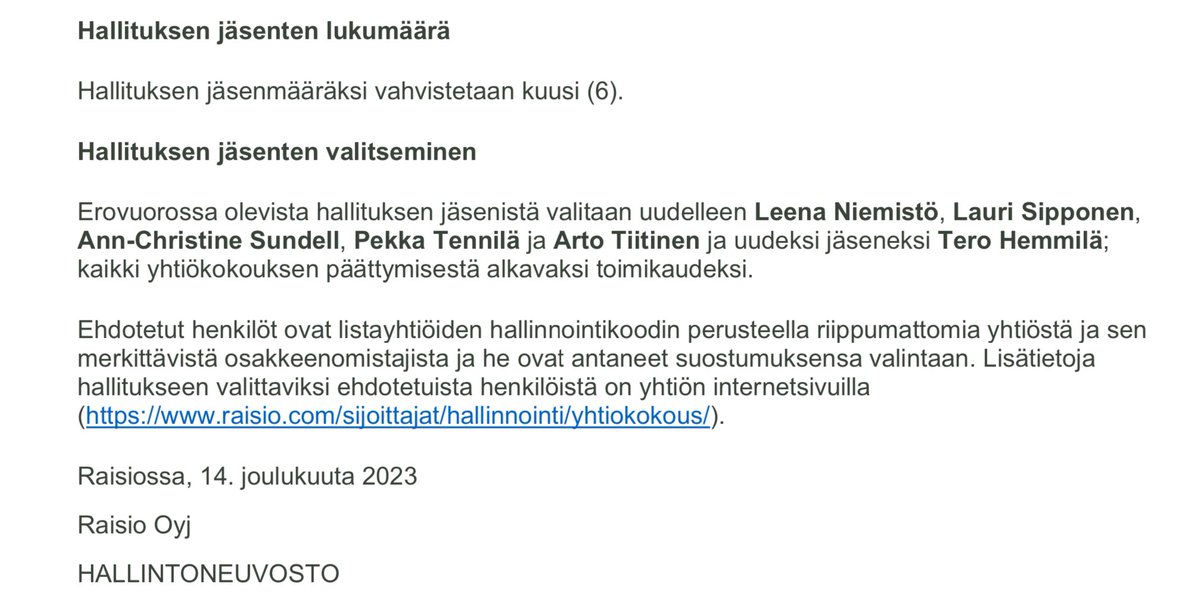 zijoittaja's tweet photo. Hallitusjäseniin liittyvät kohdat. 1️⃣ uusi ehdolla, joka myös esittelee itsensä. #HKScan tausta ja Laitilasta tulee. #RaisioAGM https://t.co/BPON06DwQt