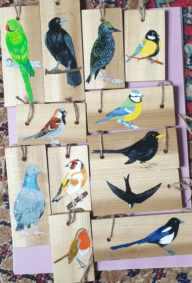 Our friend Jo painted bird garden visitors on skipsurfed wood. Now on our bird feeding tree for children to enjoy. So much talent kindness & love4nature in #penge 🙏Jo💚 🐦 @davidrouse64 @13_Pigeons_ @GreenGymPenge @thepengetourist #se20  @catoralexandra @WildLondon @RHSBloom 💚