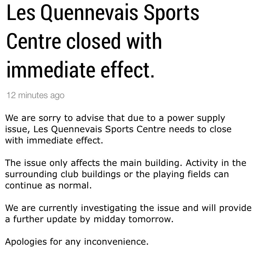 Les Quennevais Sports Centre closed due to a power supply issue 👇