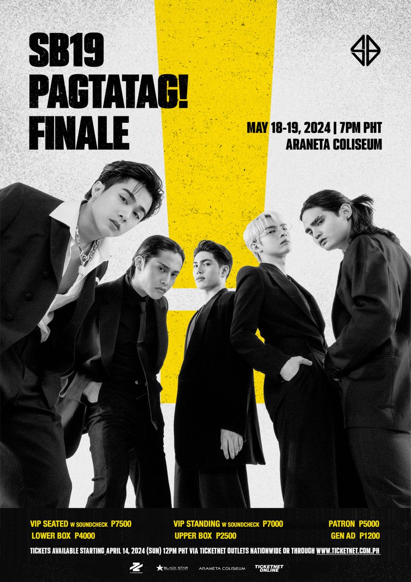 SB19Official's tweet image. ⚠️PAGTATAG! FINALE
May 18-19, 2024 | 7PM
Araneta Coliseum

Frequently Asked Questions❔

Tickets available starting April 14, (SUN), 12PM PHT via TicketNet Outlets Nationwide or through ticketnet.com.ph

#SB19 #PAGTATAG
#SB19PAGTATAG
#PAGTATAGFINALE
