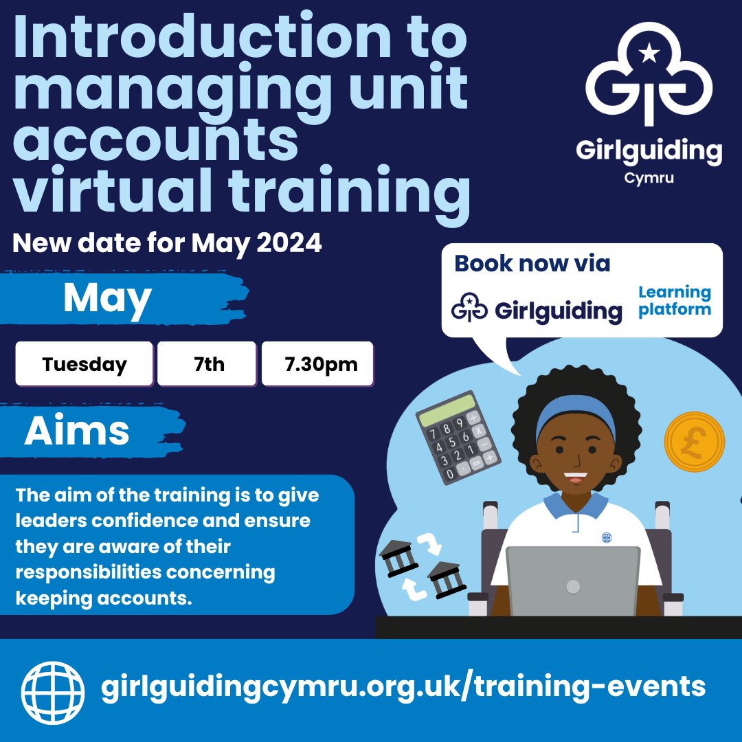 👩🏾‍💻Introduction to managing unit accounts virtual training.❓This training is suitable for all volunteers who would like to find out about managing unit accounts. Book your place on the learning platform now via the link below. Visit: girlguidingcymru.org.uk/training-events