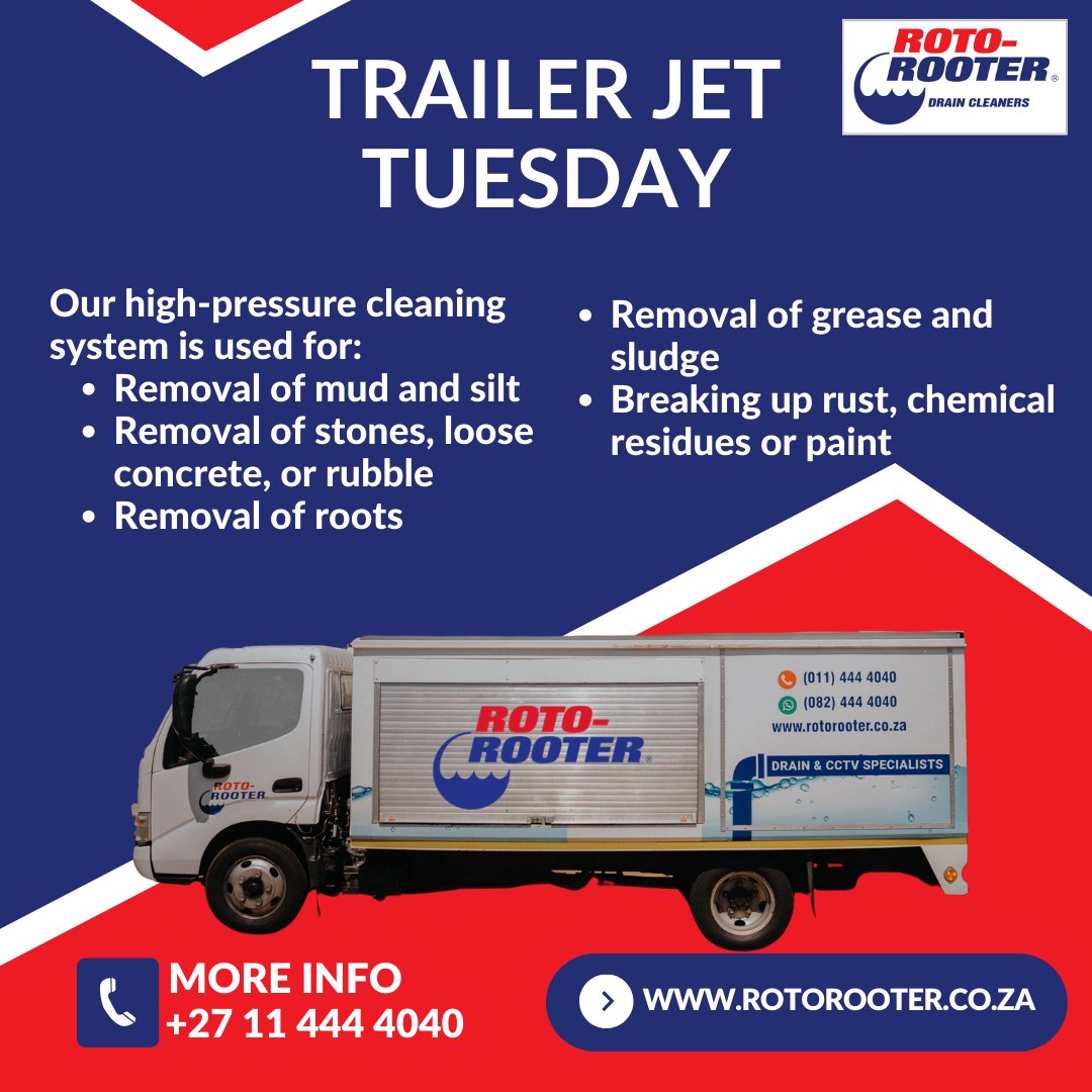 Say goodbye to stubborn blockages and hello to free-flowing drains with Roto Rooter's Trailer Jet Tuesday! Contact us today to schedule your appointment. 📞💼 #TrailerJetTuesday #RotoRooter #DrainCleaningExperts