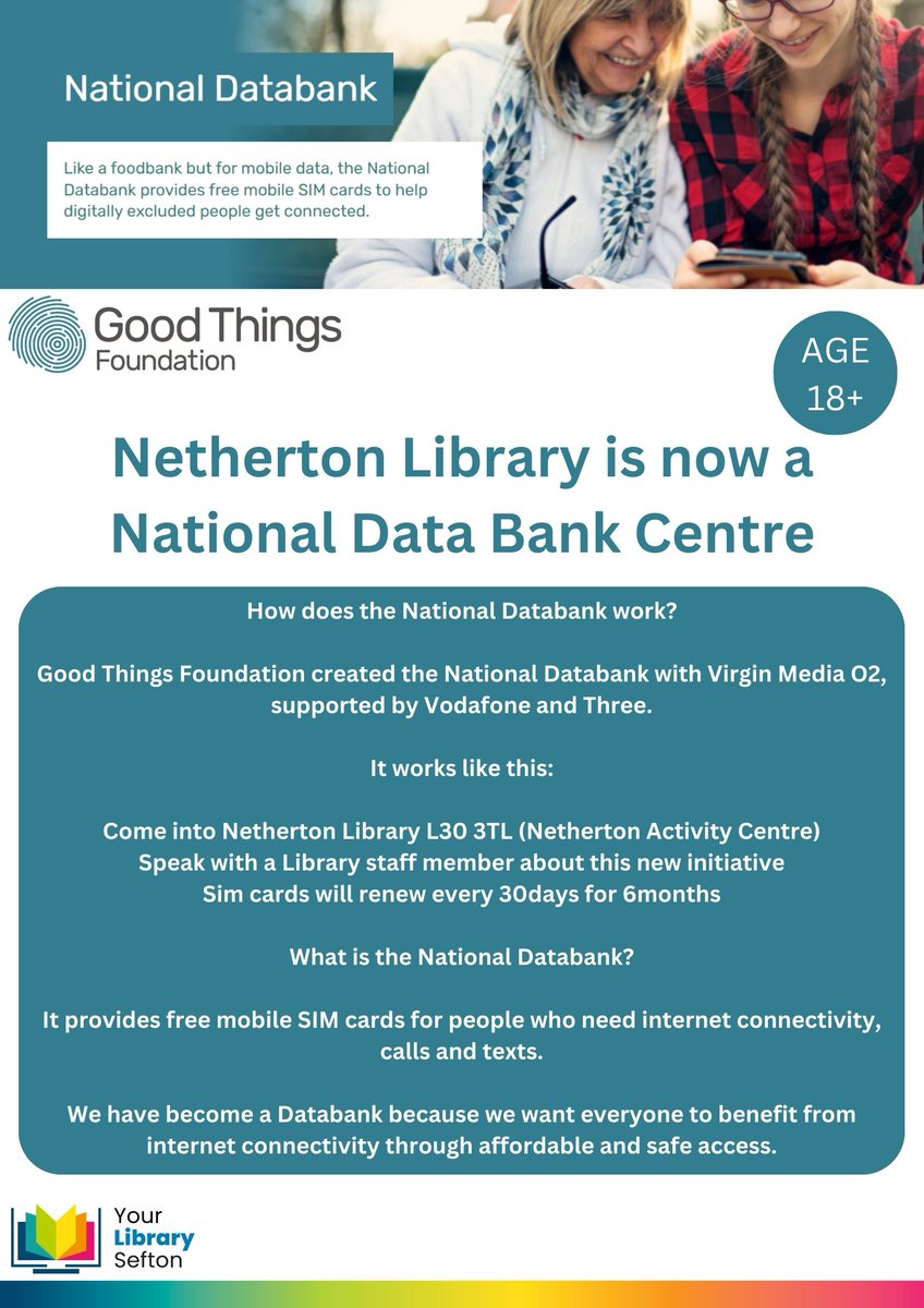 The National Databank provides free mobile SIM cards to help digitally excluded people get connected. We are pleased that we can now offer this service at Netherton Library, which is based inside Netherton Activity Centre.