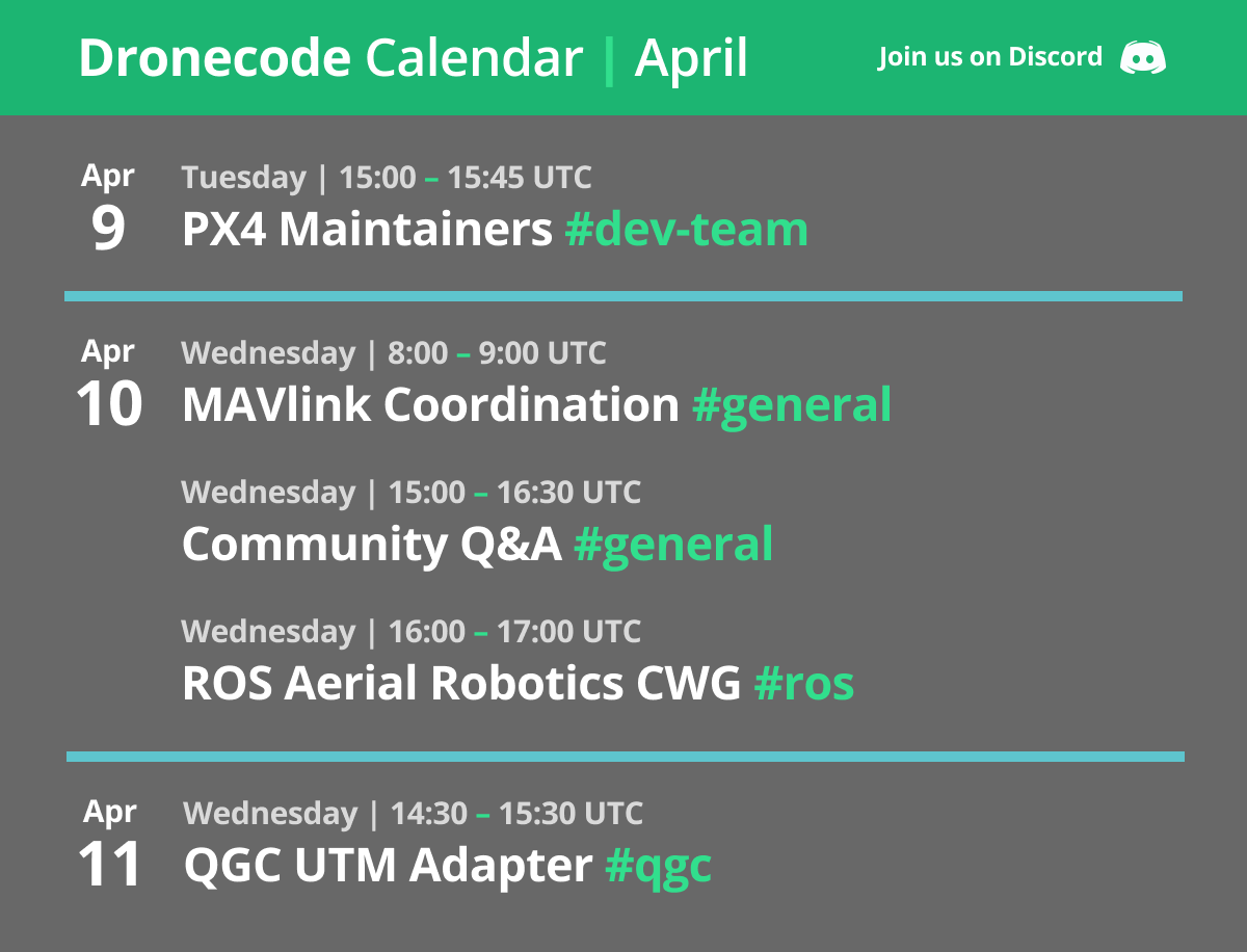 👀Attention, community! This week's schedule is as follows: 📅Tue 15:00 | PX4 Autopilot Maintainers 📅Wed 8:00 | MAVLink Coordination 15:00 | Community Q&A 16:00 | ROS Aerial Robotics 📅Thur 14:30 | QGC UTM Adapter 📌hubs.la/Q02s9SlM0 Save the dates and join the calls