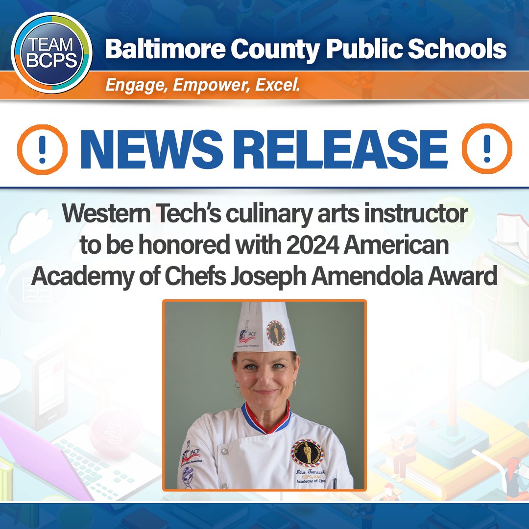 🎉 The American Academy of Chefs has selected Lisa Tomecek, culinary arts instructor at @WesternTech_HS, to receive its 2024 Joseph Amendola Award. News Release ➡ ow.ly/wcRQ50RaMin