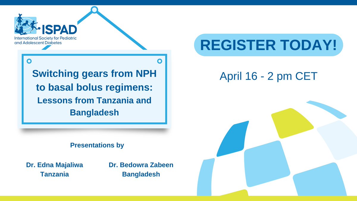⏰ Just one week left to register for the next ISPAD's Educational #webinar! 📚 'Switching Gears from NPH to Basal Bolus Regimens: Lessons from Tanzania and Bangladesh' Live on April 16 at 2 pm CET! SECURE YOUR SPOT NOW! 👉 loom.ly/cooV05o #ISPADwebinar #diabetes