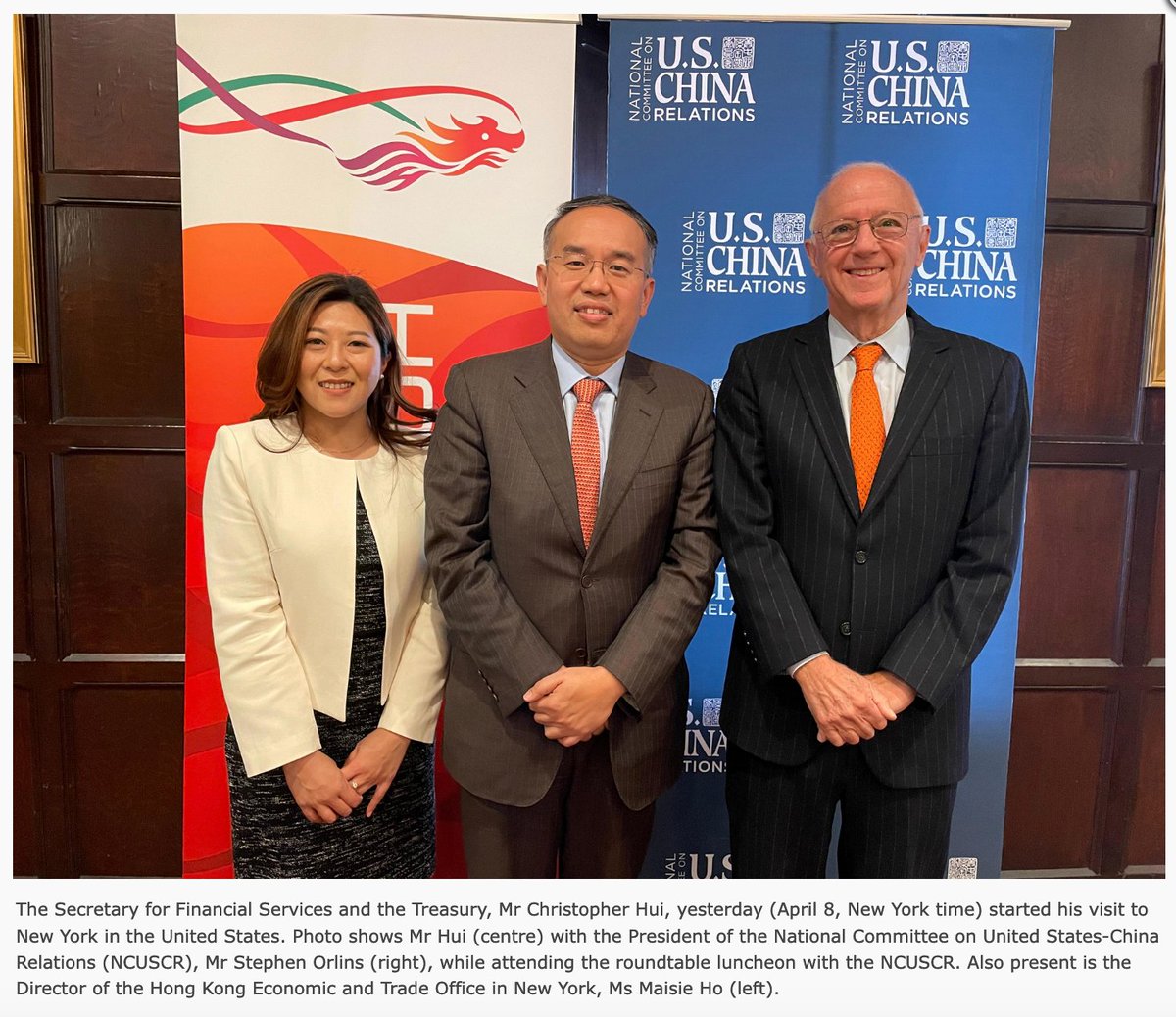 #HongKong government minister Christopher Hui is visiting the US this week, the 1st visit by an HK official since the crackdown in HK began in 2020 (excepting Paul Chan at APEC). Hui met @NCUSCR head @sorlins, who co-hosted Xi Jinping during APEC. info.gov.hk/gia/general/20…