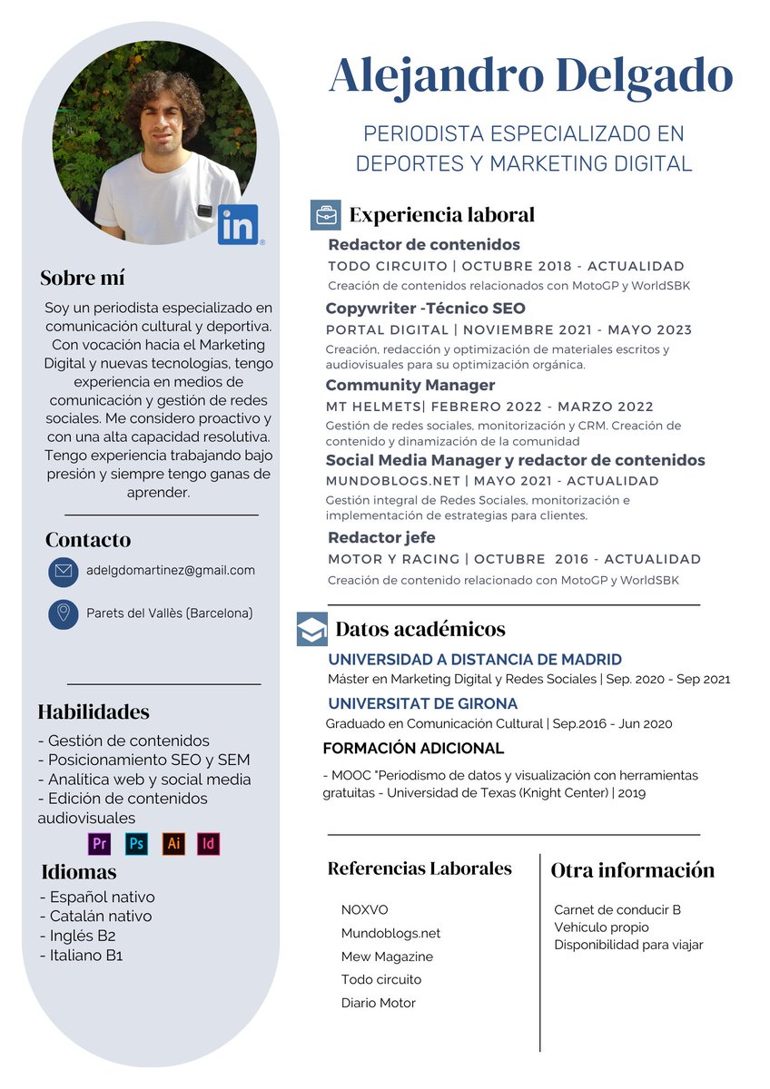 ¡Hola a todos! 

Estoy buscando empleo en el ámbito de la comunicación y marketing. He trabajado tanto en medios de comunicación, como gestionando redes sociales de empresas de distintas áreas.

Agradecería cualquier tipo de ayuda o difusión

PD: Soy autónomo