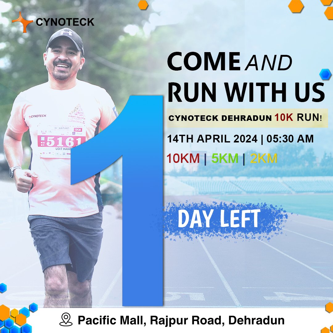 ⏰ Just one day left until the thrilling Cynoteck Dehradun 10k Run! Get ready to hit the pavement and join us for an amazing run tomorrow! 🏃‍♀️ . . . #CynoteckDehradun10k #ExcitementBuilding #GetReadyToRun #Runforacause #Marathon #Runners #RunningPartner #Runforlife