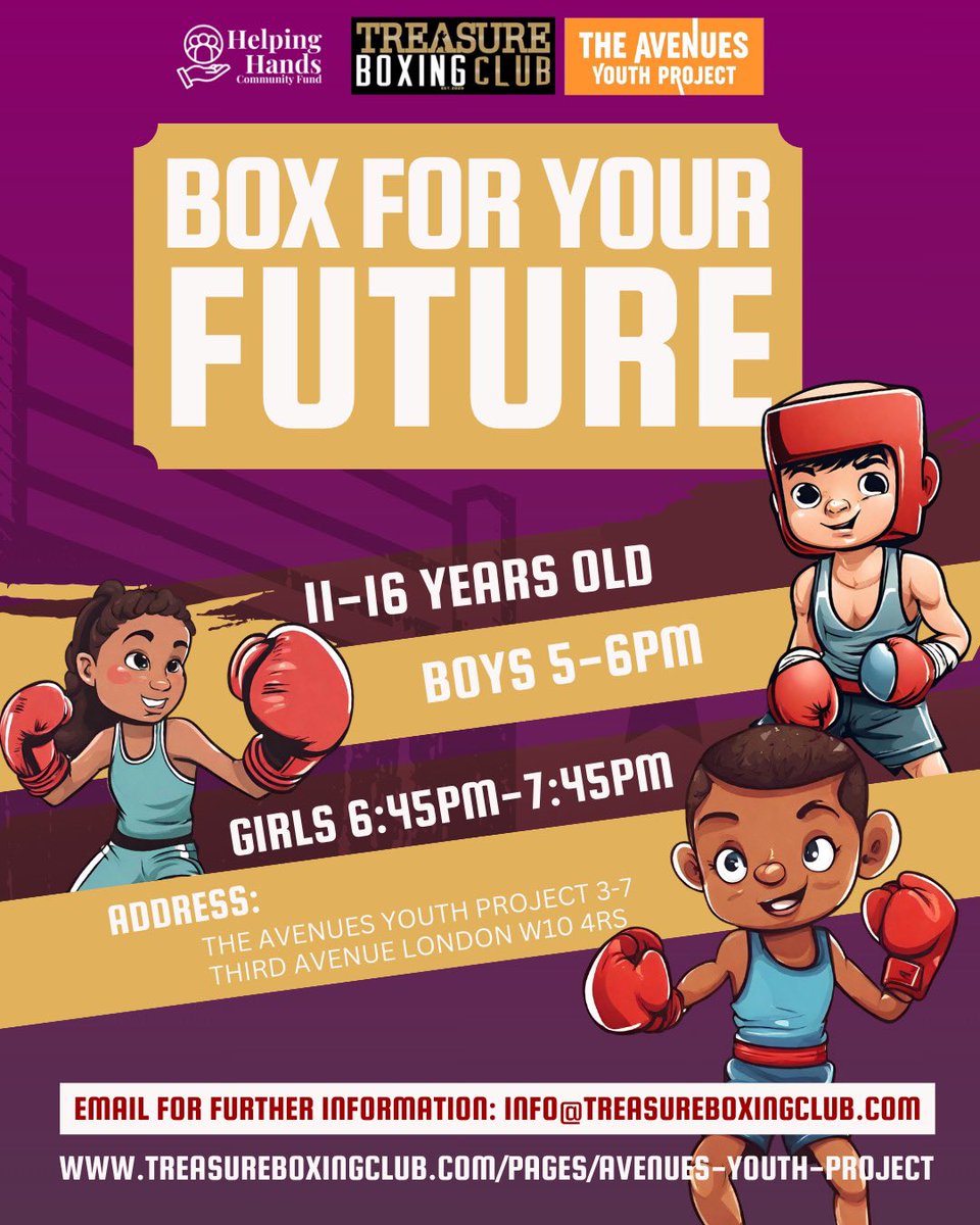 BOX FOR YOUR FUTURE ON TUESDAYS: Starting Tuesday 30th April we collaborate with The Avenues Youth Project @AvesYouth79 for FREE weekly boxing classes. 11-16 years old Boys 5-6pm Girls 645pm -745pm Sign up: treasureboxingclub.com/pages/avenues-… Further info: info@treasureboxingclub.com…