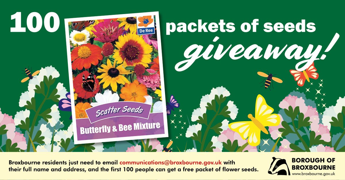 We're giving away 100 packets of seeds to help support pollinators in local gardens🎉🌱 Email Communications@broxbourne.gov.uk with your full name and address to be in with a chance to win a free packet.