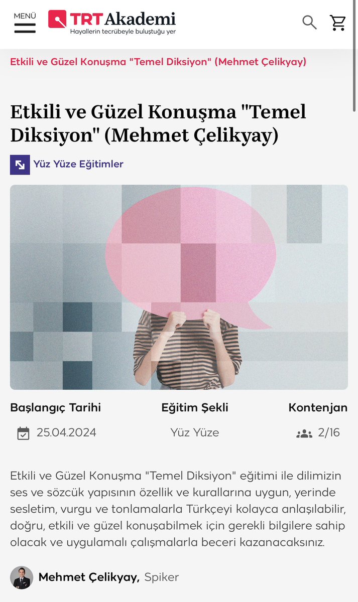 TRT Akademi ile Etkili ve Güzel Konuşma “Temel Diksiyon” Eğitimimiz başlıyor. Detaylı bilgi ve kayıt için; trtakademi.com/tr/egitim/etki… #diksiyon #etkilikonuşma #diksiyoneğitimi #trtakademi @trtakademi