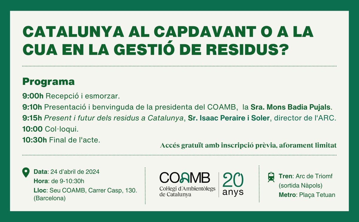 🌿 Us convidem al esmorzar col·loqui organitzat pel @COAMB_Cat el 24 d'abril. 👤 Acompanya'ns amb l' @isaacperaire , director @residuscat per parlar del present i futur de la #gestioderesidus a #Catalunya 👉🏻Inscripcions a: forms.gle/srsskYoscbTR7f…