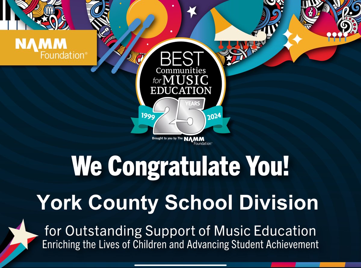 📣 𝐁𝐑𝐄𝐀𝐊𝐈𝐍𝐆: York County School Division has once again been named one of the '2024 Best Communities for Music Education' by NAMM Foundation. Congrats to our staff, students, parents & community for making it happen! @NAMMFoundation

Learn more ▶️ trst.in/bbv3m4