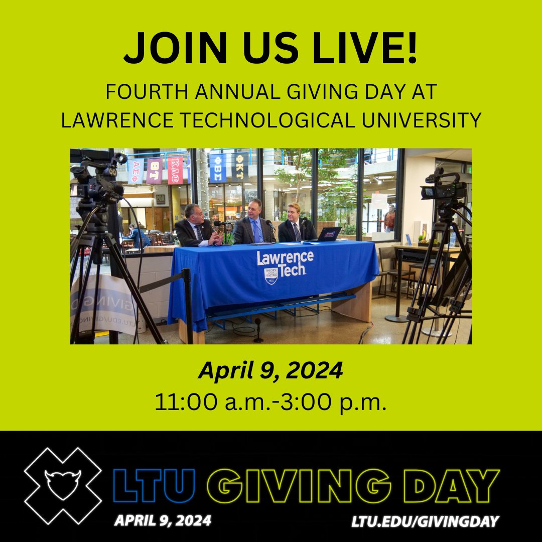 Join us at 11 a.m. today for live coverage of LTU's fourth annual Giving Day! Watch here ➡️ bit.ly/3U0fma2 #WeAreLTU #LTUGive