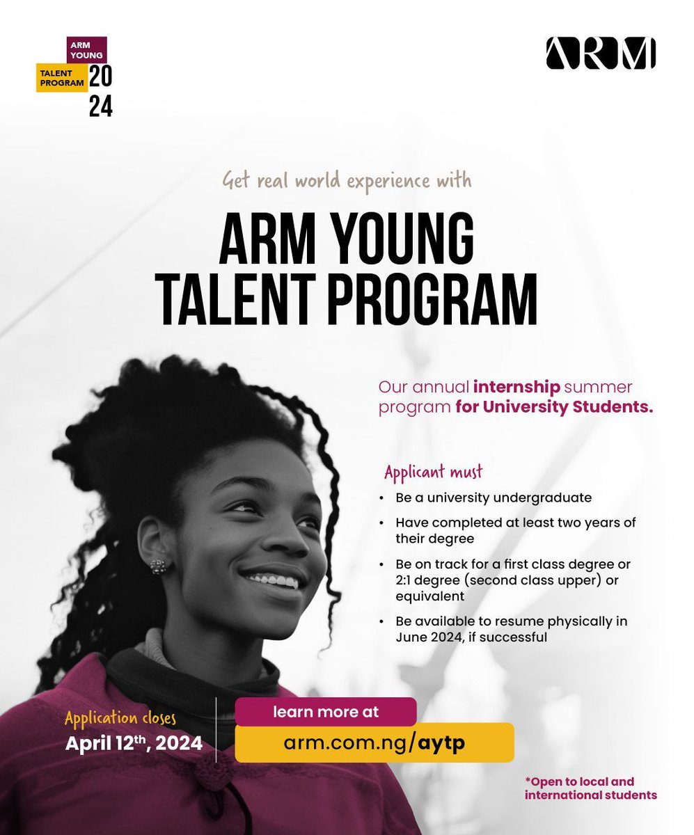 The ARM Young Talent Programme, our annual internship summer program for university students, is here. 

Don't miss out on this opportunity to gain valuable experience and kickstart your career. Hurry, the application closes on April 12th!

#ARMYoungTalent #InternshipOpportunity