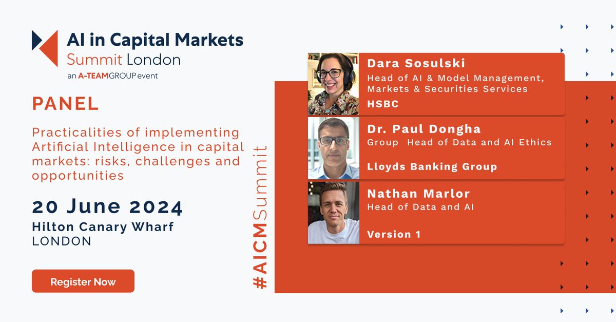 Join us at #AICMSummit on 20 June for this panel discussion on the practicalities of implementing Artificial Intelligence in capital markets; with speakers from  @hsbc @LBGplc
& @version1

Register: a-teaminsight.pulse.ly/tuimeu9nci

#AICMSummit #AI #capitalmarkets #usecases #AIethics