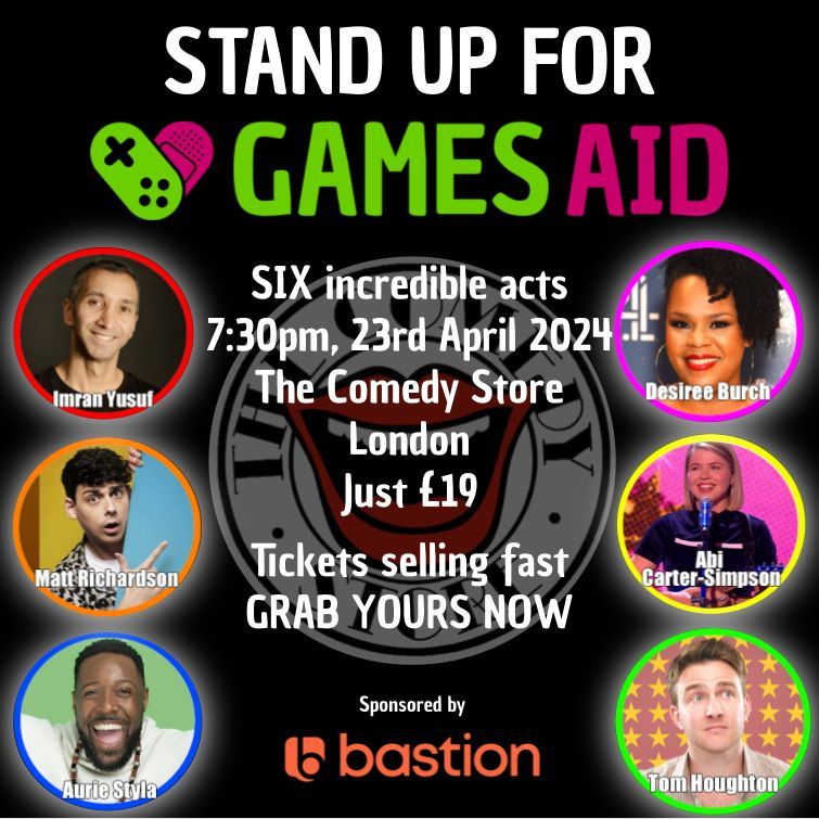 Stand Up for GamesAid is in 2 weeks from now. Hosted by ex-industry alumni turned comedian; @imranyusuf, along with the stellar talents; @MattRichardson3 @AurieStyla @destheray @abicartersimps @HonourableTom Get your tickets now! london.thecomedystore.co.uk/event/stand-up…