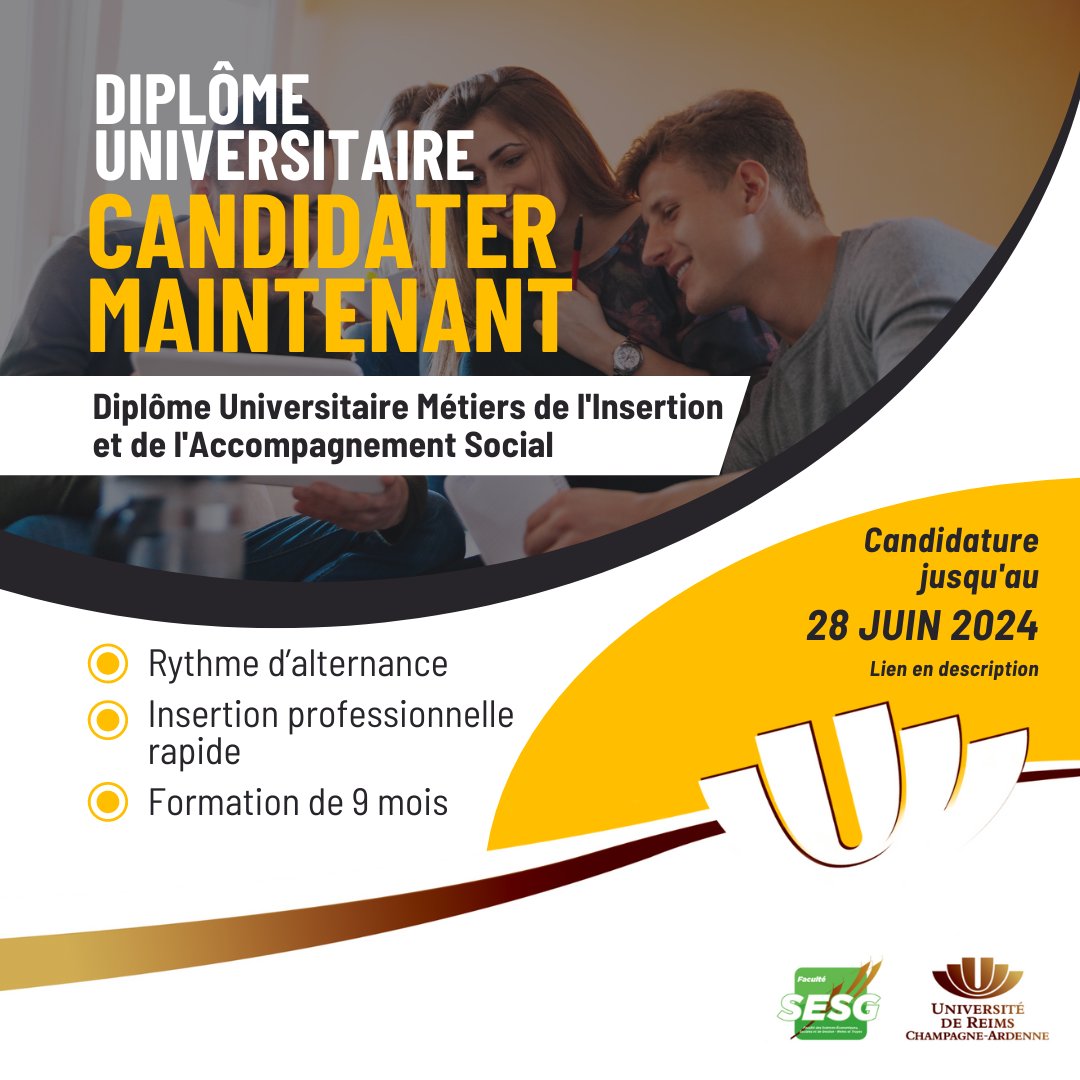 FacSESG's tweet image. 👉La campagne de recrutement du Diplôme Universitaire Métiers de l'Insertion et de l'Accompagnement Social (DU MIAS) est ouverte pour la prochaine rentrée ! 

Candidature jusqu'au 28 juin 2024. 
univ-reims.fr/ufrsesg/la-sco…