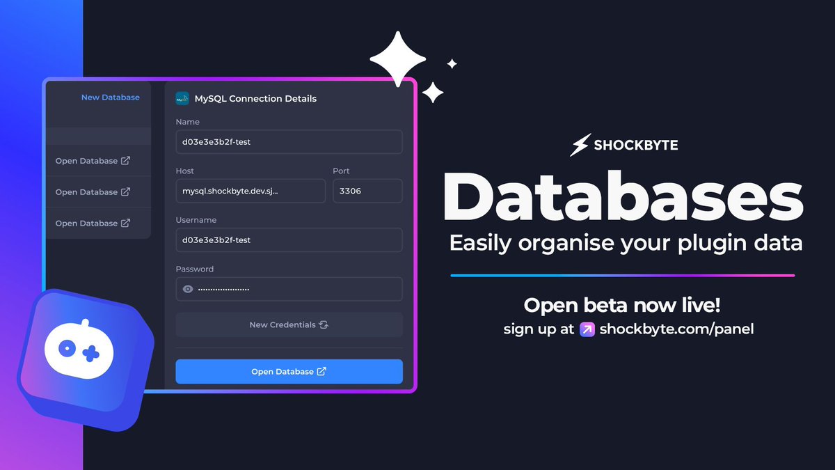 Keep your plugins organised!⚡ With the Shockbyte Panel, you can have multiple databases and organise them by name, so you always know where stuff is! Server management shouldn't be hard, so we've made it easy💪 Sign up for our open beta HERE: 🔗 buff.ly/4ahVsMZ