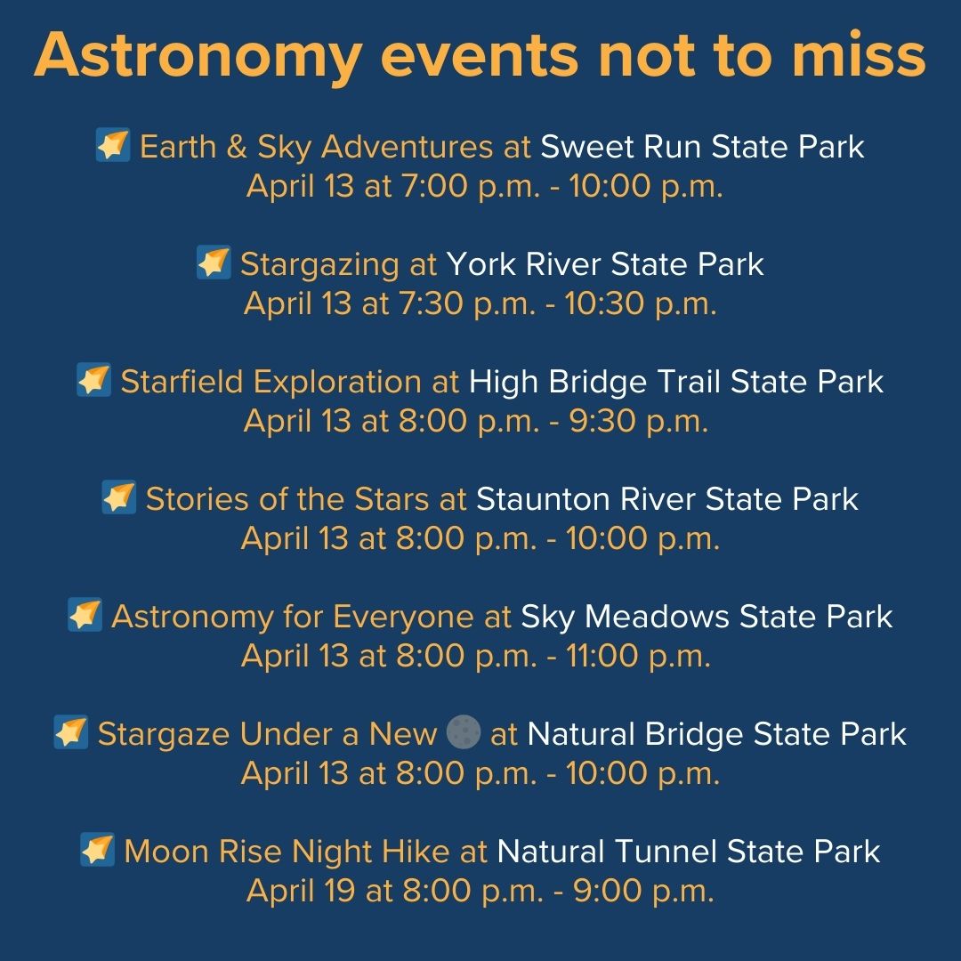 During your #TrailQuest adventures, have you ever visited a park after dark? Check out upcoming #astronomy programs to see parks in a different light (or lack thereof). 🌌 @IDADarkSky #DarkSkyMonth Event details: dcr.virginia.gov/state-parks/da… Trail Quest info: dcr.virginia.gov/state-parks/tr…
