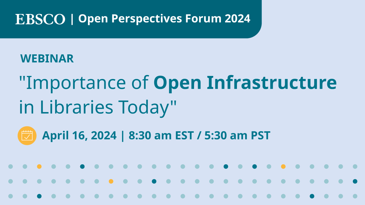 EBSCO's tweet image. Join us for Open Perspectives Forum, where we will convene members of the #librarycommunity including @cgknowles @UniversityLeeds, @ignasi @UniBarcelona, Roselyn Metz @EmoryUniversity, Sean Carte @DUT_Tweets &amp;amp; Christopher Spalding @EBSCO. Register now: m.ebsco.is/ugLYa