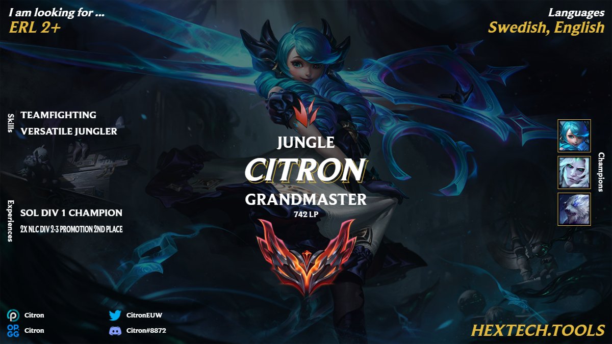 LFT looking for ERL2+
🇸🇪
Refrences: <a href="/x4ntylol/">x4NTY</a> 
Open for all offers
Dm me on discord Citron#8872