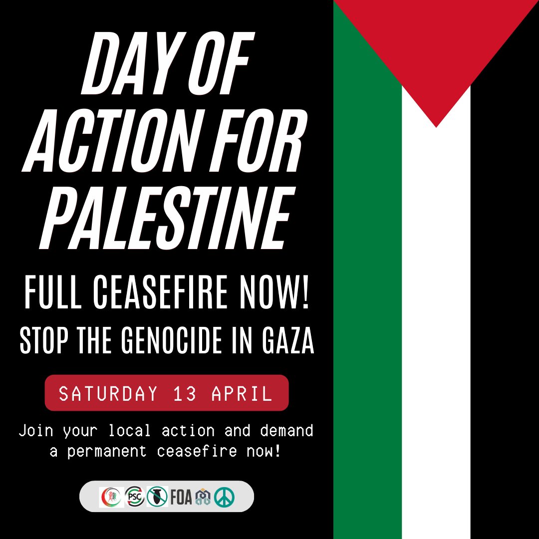 🚨 Day of Action for Palestine When: Saturday 13 April Where: In your local area Join an action for Palestine in your local area and demand our government call for Israel to end its genocidal assault on Gaza. Find your action here: palestinecampaign.org/events/day-of-…