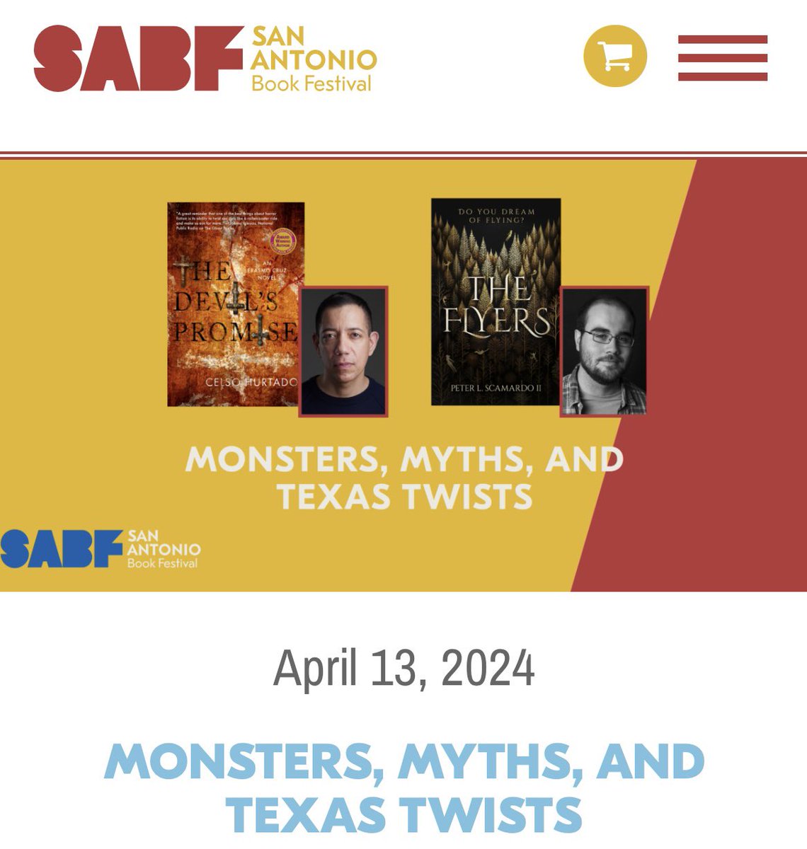 It’s officially San Antonio Book Festival week! Come join @CelsoHurtadoJr and I at 12:30pm on Saturday as we talk all things Monsters, Myths, & Texas Twists. Happy reading! @SABookFestival sabookfestival.org/schedule-event…