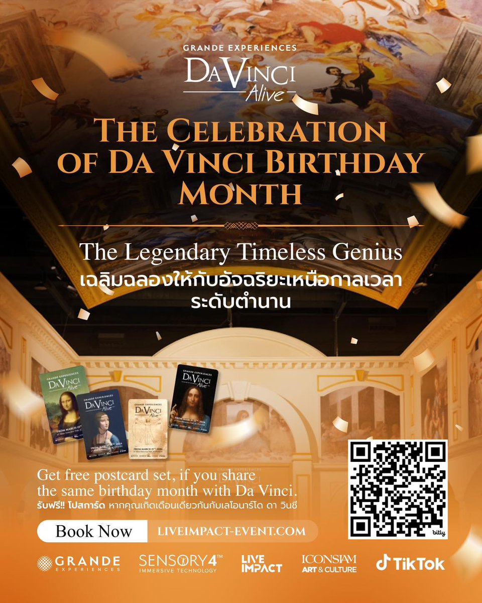 🌸 มาร่วมฉลองเดือนเกิดเลโอนาร์โด ดาวินชี ในเดือนเมษายน💦 เชิญชวนทุกท่านร่วมเป็นส่วนหนึ่งของประสบการณ์สุดพิเศษที่ Da Vinci Alive Bangkok ในเดือนแห่งวันเกิดของอัจฉริยะตลอดกาล เลโอนาร์โด ดาวินชี แบ่งปันความสุขร่วมกันกับเพื่อน คนรัก หรือครอบครัวกับช่วงเวลาดีๆในวันหยุดนี้…